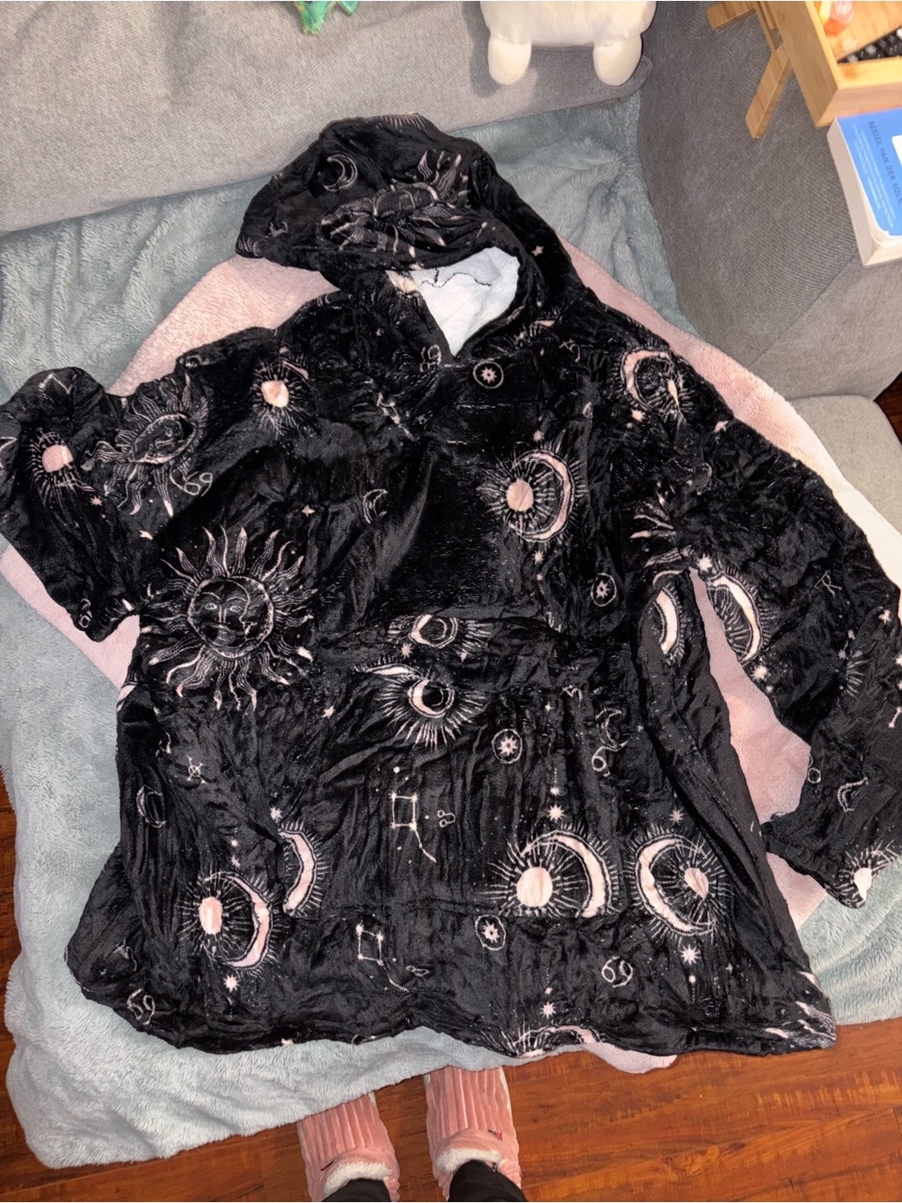 Amazon Black Plush Hooded Jacket with Celestial Print